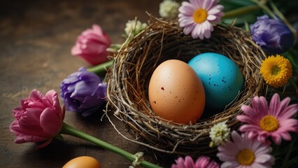 Obraz na płótnie Canvas Easter Delight Nest with Colorful Easter Eggs Surrounded by Blooming Spring Flowers, Providing a Flat Lay Background with Space for Your Message