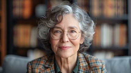 Elderly woman with glasses sitting in front of bookshelf - Powered by Adobe