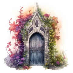 Watercolor painting of a fairy tale gothic garden door