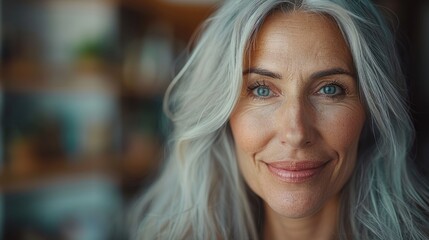A woman with grey hair and blue eyes looking directly at the camera - obrazy, fototapety, plakaty