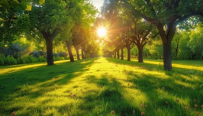 Obraz premium Sunlight filtering through green trees in a park