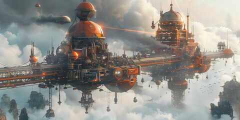 Obraz premium fortress, castle, old town, construction, vintage background, products, enginer, generative, ai, steampunk, clock background, , machine, mechanical, blue, gold, gear, clock, watch, mechanism,