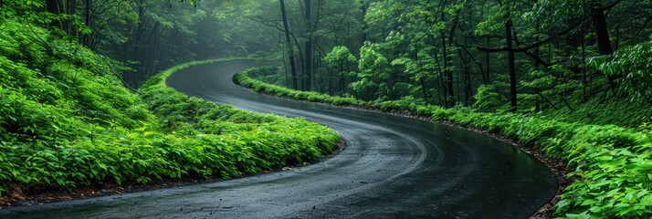 A winding road cuts through dense green forest