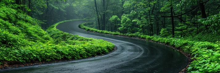 Foto op Plexiglas A winding road cuts through dense green forest © Viktor
