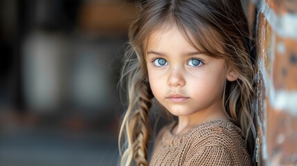 Young girl leaning against a brick wall, featuring blue eyes