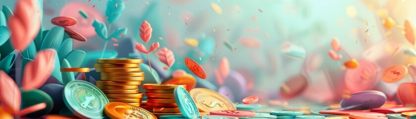 A colorful pile of coins and leaves free space for text