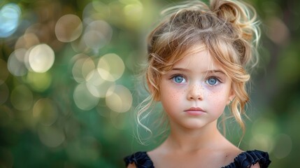 Fototapeta premium Young girl with blue eyes wearing a bun hairstyle