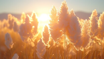 Sun shining behind tall grass in a field