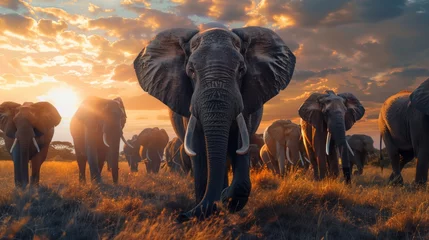 Foto op Plexiglas herd of african elephants savannah at sunset © Андрей Трубицын