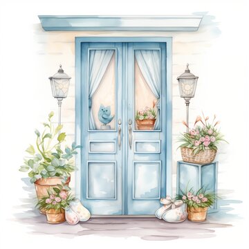 Watercolor illustration of fairy tale easter door