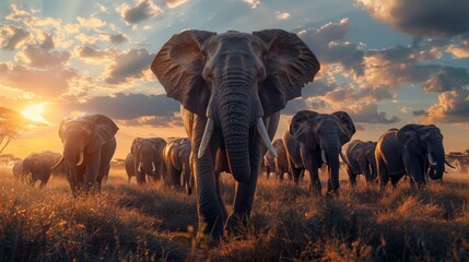herd of african elephants savannah at sunset - Powered by Adobe
