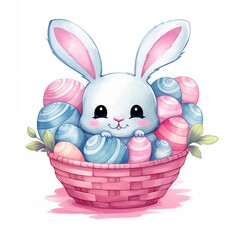 Kawaii happy easter bunny with basket and eggs on the white background