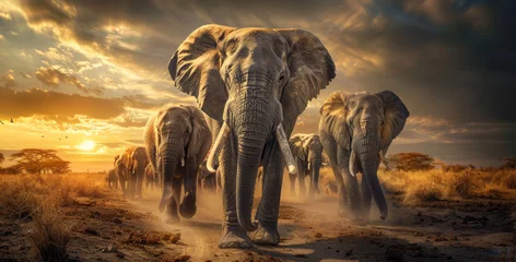 Foto op Aluminium herd of african elephants savannah at sunset © Андрей Трубицын