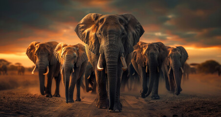 herd of african elephants savannah at sunset - Powered by Adobe