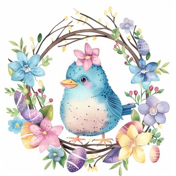 Watercolor easter illustration of a cute happy blue bird with vivid spring floral flowers wreath and eggs wreath on the white background