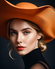 A woman with a bright orange hat and red lipstick. She is looking directly at the camera