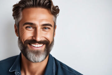 A man with a beard and a blue shirt is smiling. He has a clean, well-groomed appearance - obrazy, fototapety, plakaty