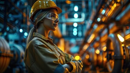 A female petroleum engineer working in a large oil production industry is inspecting an industrial pipeline in an upstream oil and gas production facility in the background.