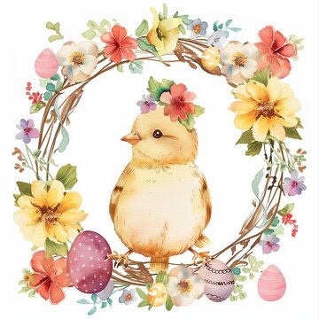 Watercolor easter illustration of a cute happy chickadee with vivid spring floral flowers wreath and eggs wreath on the white background