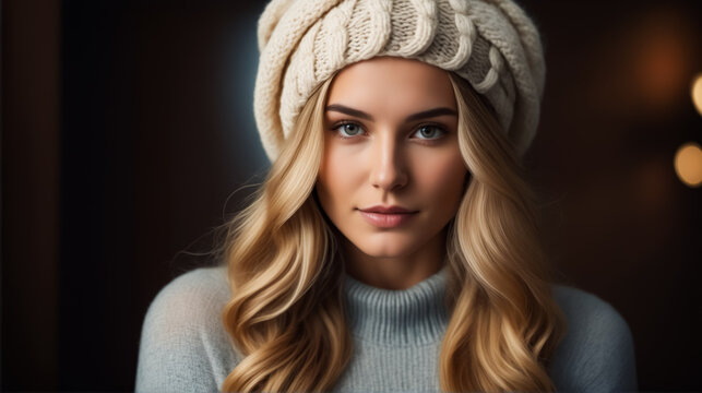 A woman with long blonde hair is wearing a white hat and a blue sweater. She has a serious expression on her face