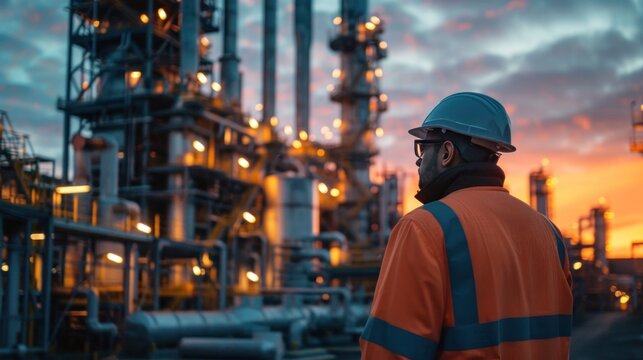 A male engineer working in a large oil production petroleum industry plant is inspecting an industrial pipeline in an upstream oil and gas production plant in the background.