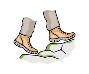 Feet in boots, walking hiking in mountains and mountaineering. Climbing, hike, tourism, travel, traveling and journey,  illustration