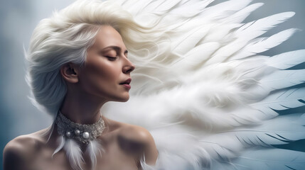 A woman with long white hair and a white feathery hairdo. The image has a dreamy and ethereal feel to it