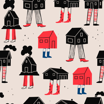 Various black, red small Houses. House with human legs. Different pants and shoes. Cartoon comic style. Hand drawn Vector illustration. Square seamless Pattern, background, wallpaper