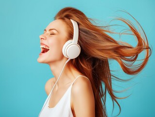 Gorgeous, high-energy girl laughing in a studio against a blue backdrop while wearing white headphones and listening to music. The long hair is blowing in the wind.