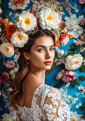 A woman wearing a flower crown stands in front of a blue wall with flowers. Concept of beauty and elegance, as the woman's attire and the floral backdrop create a harmonious