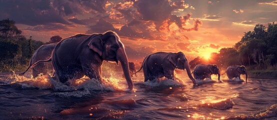 herd of african elephants savannah at sunset