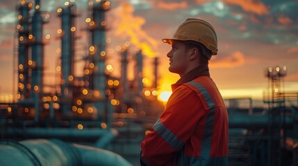 A male engineer working in a large oil production petroleum industry plant is inspecting an industrial pipeline in an upstream oil and gas production plant in the background.