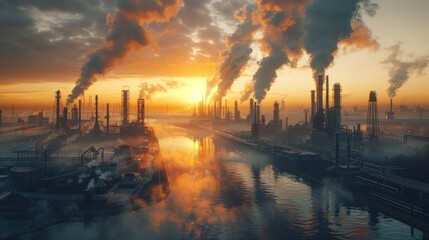 Aerial view of an oil refinery as an industrial estate with sunset lights and Steel pipe factory equipment in the petroleum industry producing upstream oil and gas as a background. - obrazy, fototapety, plakaty