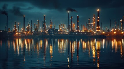 An oil refinery as an industrial estate with sunset lights and Steel pipe factory equipment in the petroleum industry producing upstream oil and gas as a background.