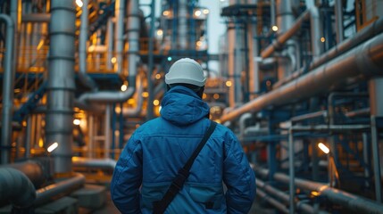 Fototapeta premium Back view of male engineer in petroleum industry Large oil production is inspecting industrial pipelines in upstream oil and gas production facilities in the background.