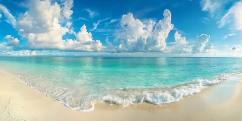 Gorgeous white sand beach with calm, rolling waves of the turquoise ocean on a sunny day with white clouds in the blue sky in the background.