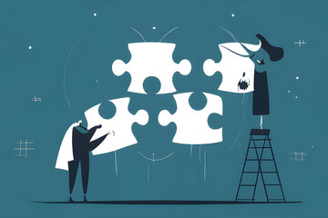 Puzzle. Business strategy, success solution, jigsaw games symbol. Idea metaphor. Creative idea, connection, challenge, join us concept. Isolated on blue, illustration, dark fantasy