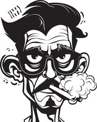 Hipster Haze Cartoon Guy with Cigarette in Hand Icon Slick Smoke Vector Logo of a Trendy Guy with a Smoke