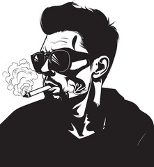 Slick Smoke Vector Logo of a Trendy Guy with a Smoke Stylish Stogie Cartoon Guy with Cigar Puffing Emblem