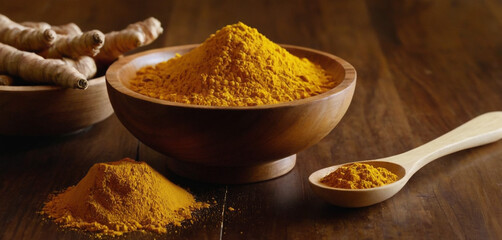 Turmeric Powder in wooden bowl with wooden spoon generative ai