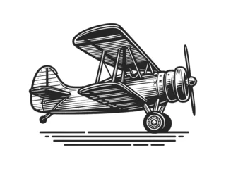 Fotobehang biplane vintage plane, reminiscent of early aviation history sketch engraving generative ai raster illustration. Scratch board imitation. Black and white image. © Oleksandr Pokusai