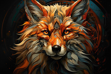 A futuristic fox with electronic enhancements against a vibrant orange background, its cunning gaze reflecting the intelligence and adaptability of the modern animal kingdom. - obrazy, fototapety, plakaty