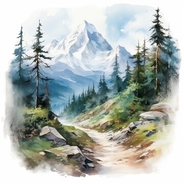 Watercolor painting of mountain scene on the white background