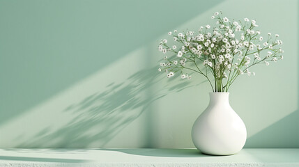minimalist light green background with minimalism plants on white vase