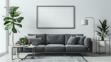 A blank mock-up poster frame with copy space is placed next to a grey sofa and a white wall. Modern living room interior design in a mid-century style home.
