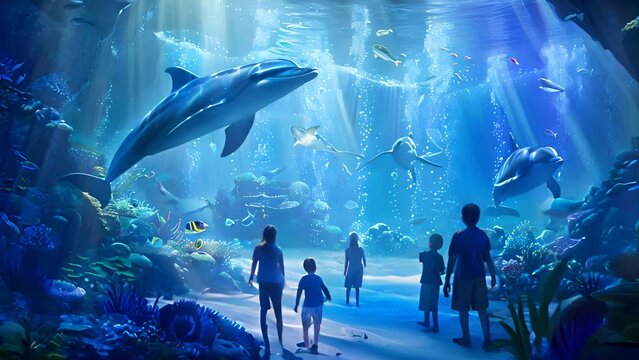 Group of individuals standing in front of a vast aquarium, watching various fish species swim gracefully through the water