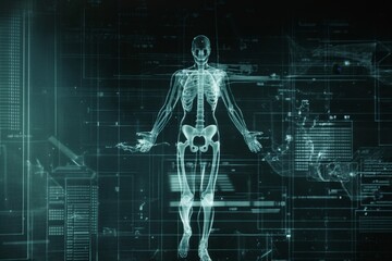 Fototapeta na wymiar A digital representation of a human skeletal system in a futuristic interface setting.
