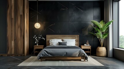 A modern bedroom with a minimalist interior design features a wooden wardrobe set against a black marble wall.