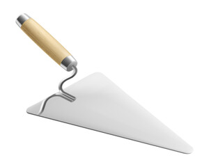 Isometric cement trowel isolated on white background. Realistic bricklayer trowel vector icon for web design. Spatula with a wooden handle. Construction tool. Vector illustration. 3D.