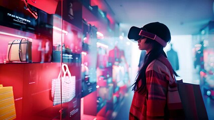 A trendy woman browses through a brightly lit fashion boutique under neon lights, carrying shopping bags